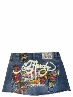 New Ed Hardy Tattoo Denim Jean Mini Skirt Size M Y2K Streetwear Edgy Grunge Punk